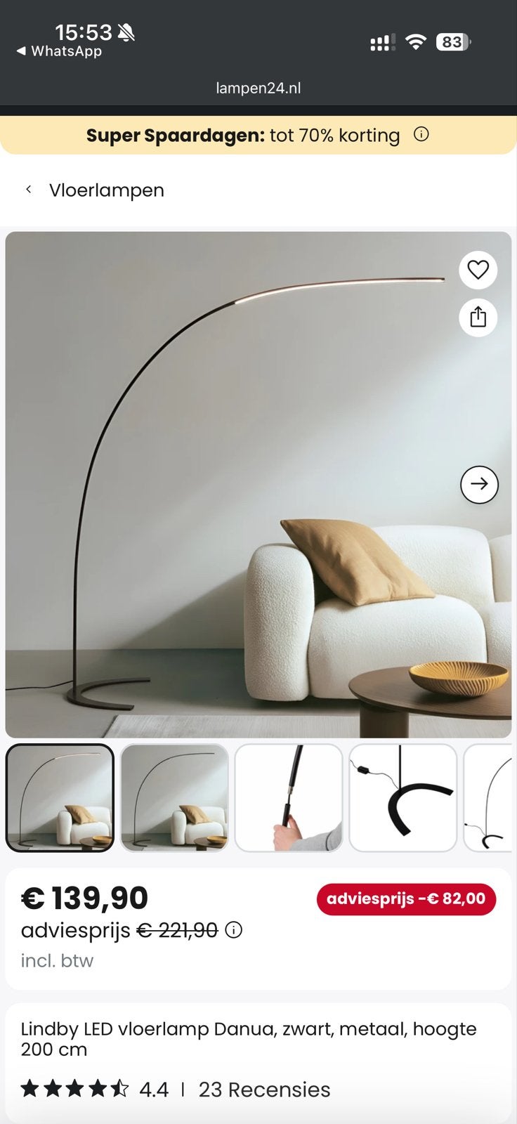 Vloerlamp danua zwart mat, Ophalen, Zo goed als nieuw, Metaal, 200 cm of meer