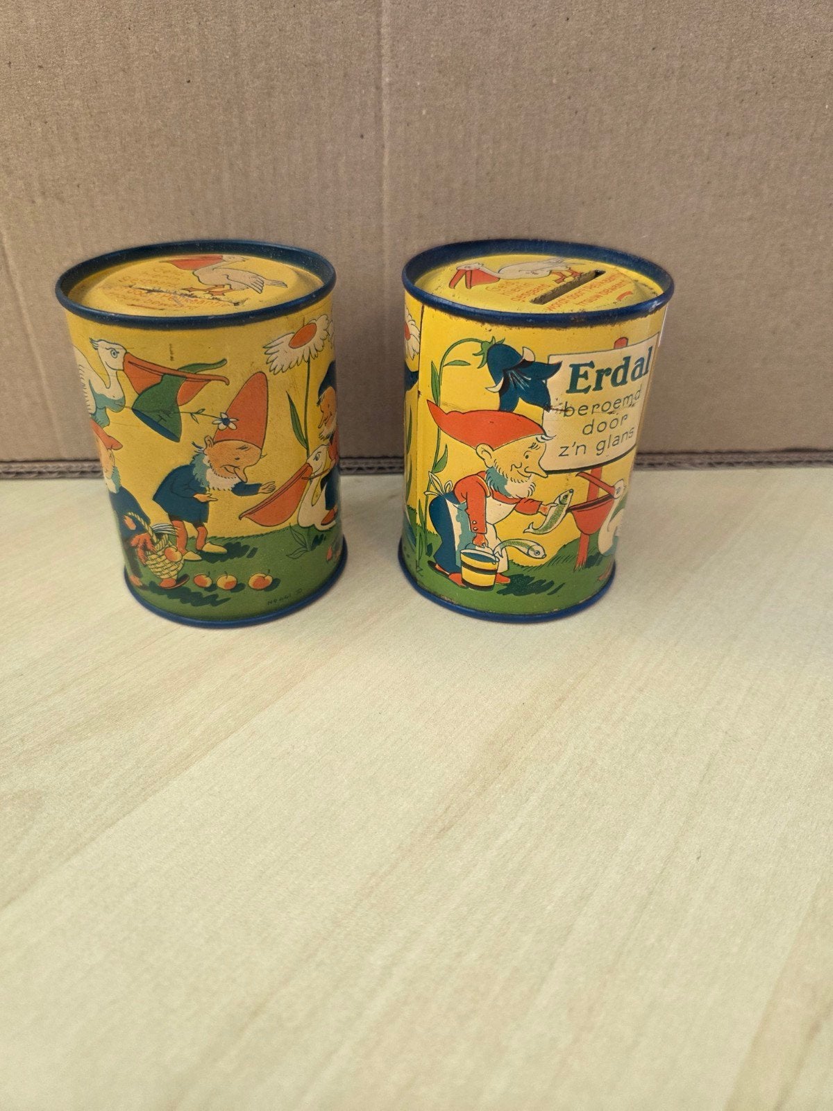 Vintage Erdal spaarpotten (2 stuks) met kabouterafbeeldingen, Ophalen of Verzenden, Gebruikt