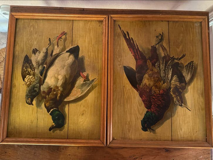Set van 2 Vintage jachtstillevens: Eend en Fazant, Paneel, Dieren, Ophalen of Verzenden, Handgeschilderd