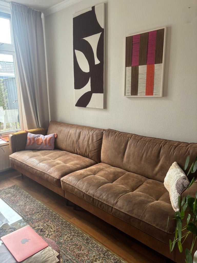 Bruine leren bank, Huis en Inrichting, Banken | Bankstellen, Ophalen, Gebruikt, 75 tot 100 cm, Rechte bank