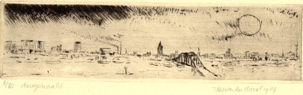 ets zicht op de brug bij Arnhem 1983 Theo van der Horst, Stadsgezicht, Origineel, 1950 - 1999, Verzenden