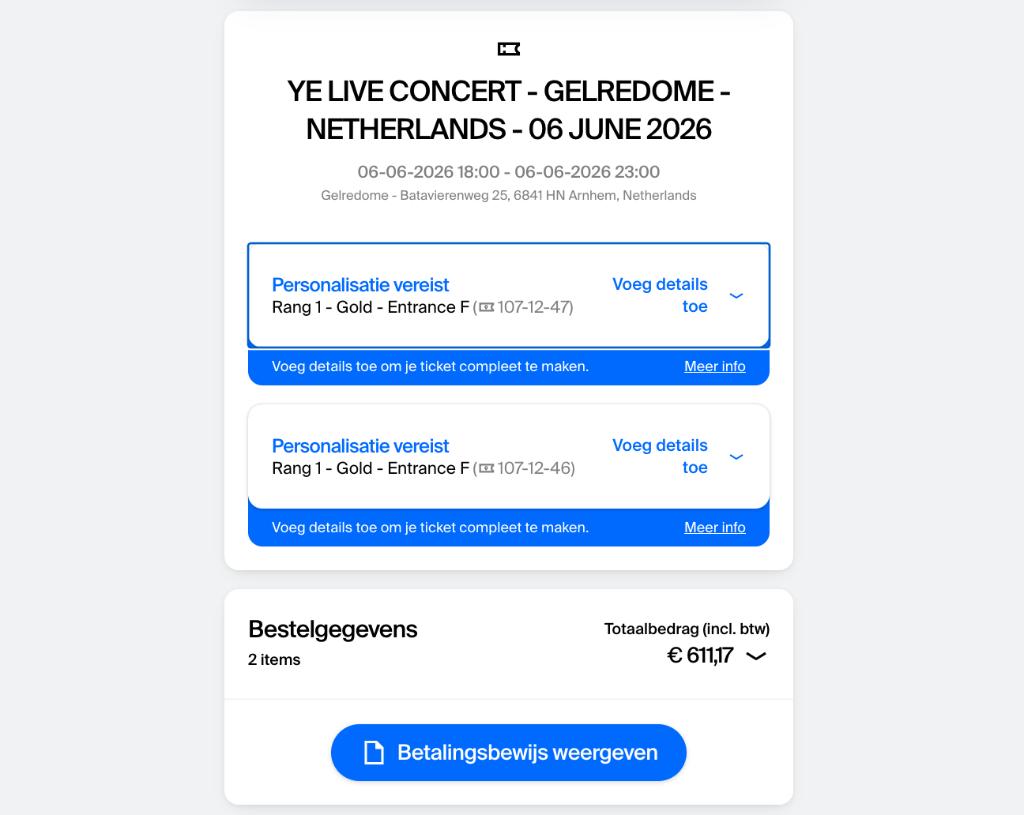 ONDER KOOPPRIJS - 2x Kanye West Concert tickets Rang 1 Gold, Tickets en Kaartjes, Twee personen, Juni