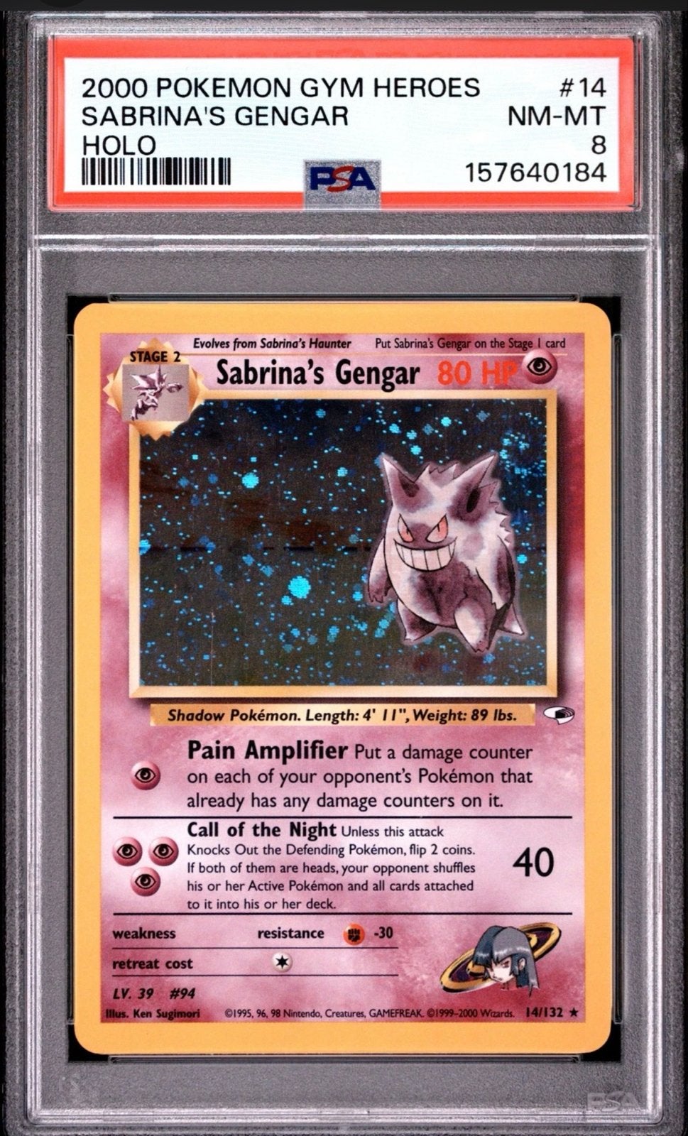 PSA 8 WITH SWIRL Sabrina's Gengar Holo 2000 Pokemon, Hobby en Vrije tijd, Verzamelkaartspellen | Pokémon, Ophalen of Verzenden