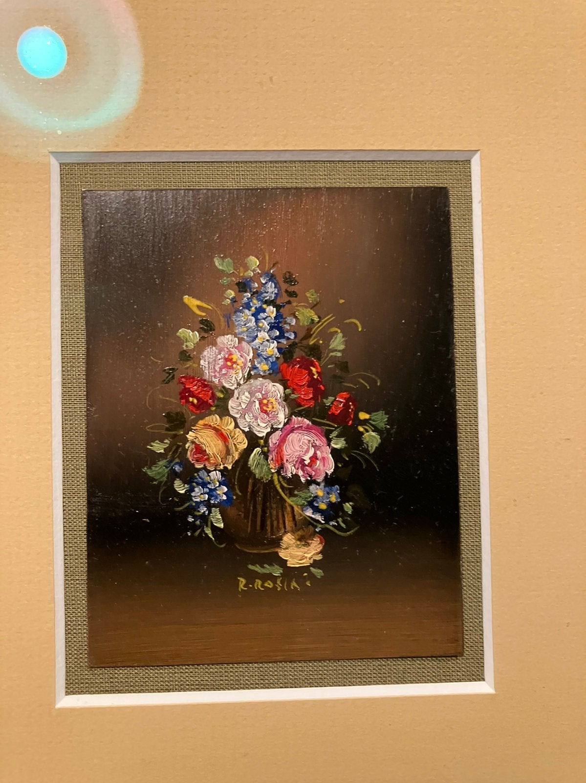Exclusief Miniatuur Olieverf – R. Rosini – Prof. Ingelijst, Bloemen, Gesigneerd, Ophalen of Verzenden, Olieverf
