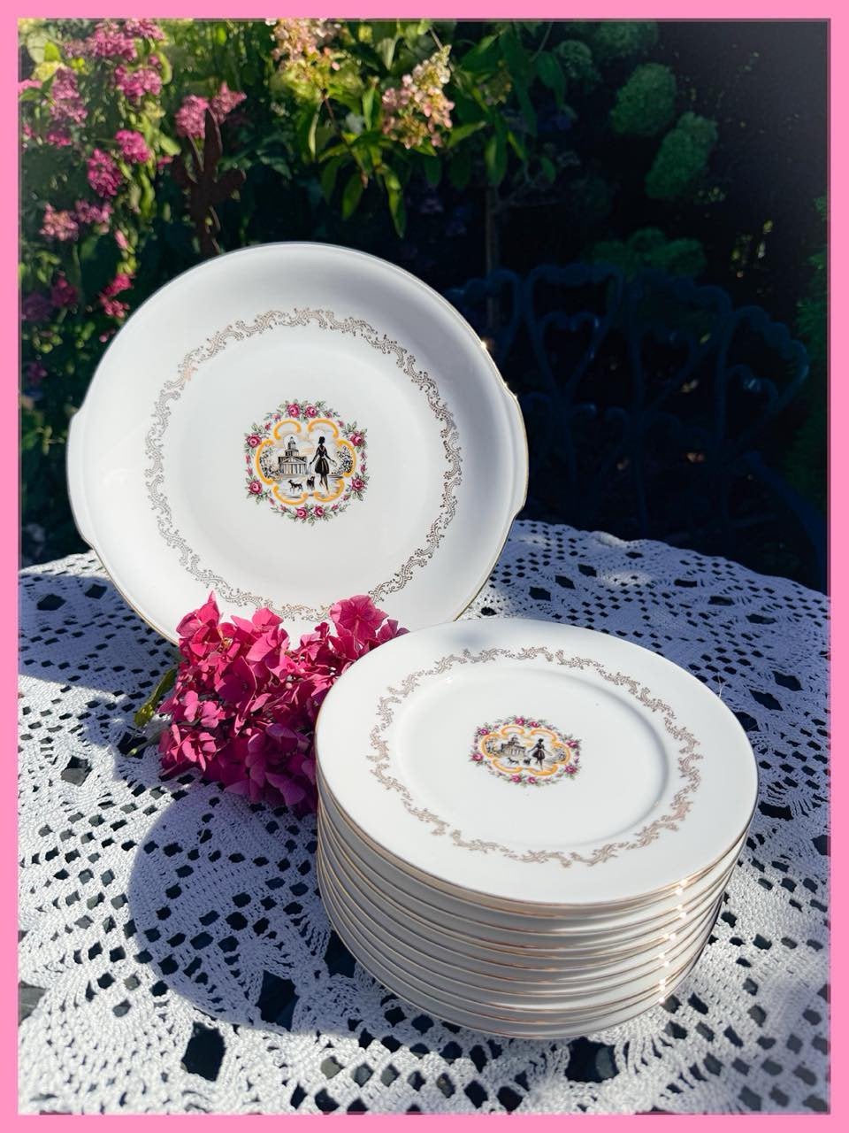 Brocant gebakset gebakstel bordjes high tea servies Parijs, Ophalen of Verzenden