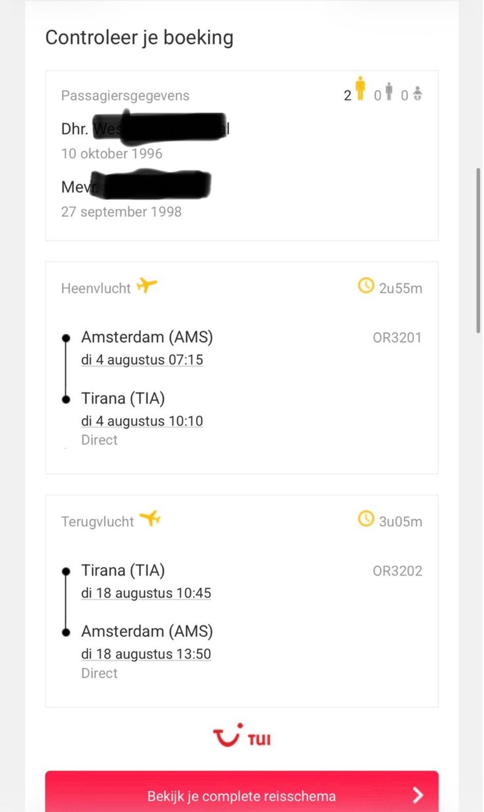 Vliegtickets Amsterdam - Tirana Albanië 4 t/m 18 augustus., Twee personen, Vliegtuig, Met bestemming of datum