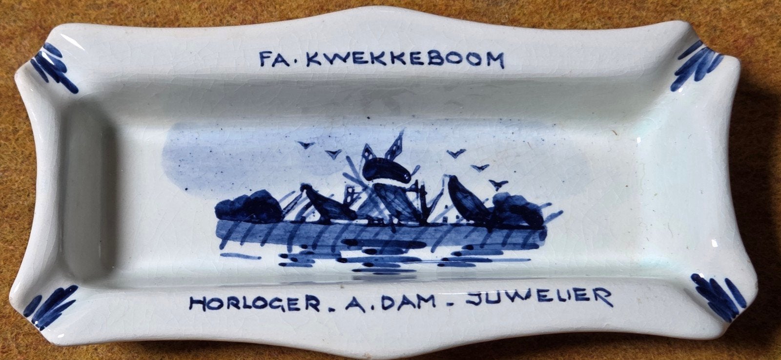 Delfts blauw asbakje/schaaltje FA. KWEKKEBOOM HORLOGER A.DAM, Ophalen of Verzenden