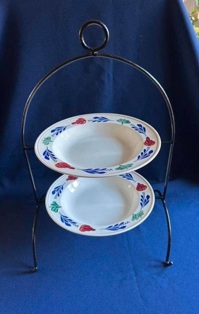 Boerenbont borden met etagère, Overige materialen, Gebruikt, Ophalen of Verzenden, Bord(en)