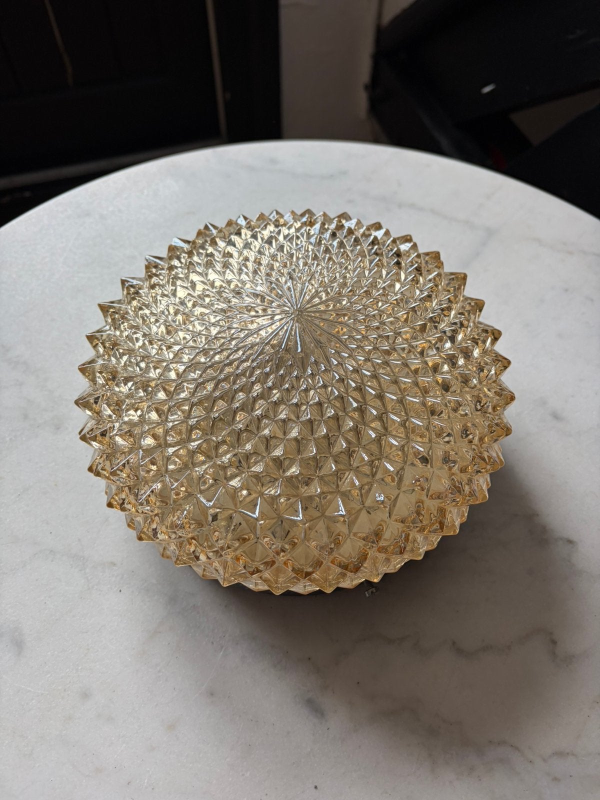 Vintage ronde plafoniere diamant driehoek bloem glazen lamp, Ophalen of Verzenden, Zo goed als nieuw, Glas