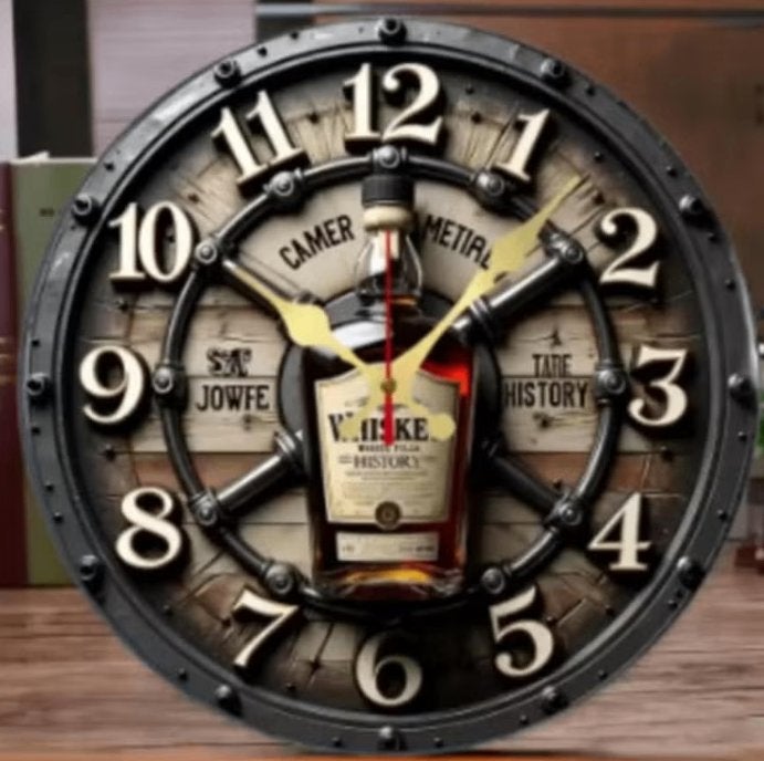 Ronde wandklok van hout analoge Whiskey (25cm), Ophalen of Verzenden, Nieuw, Wandklok
