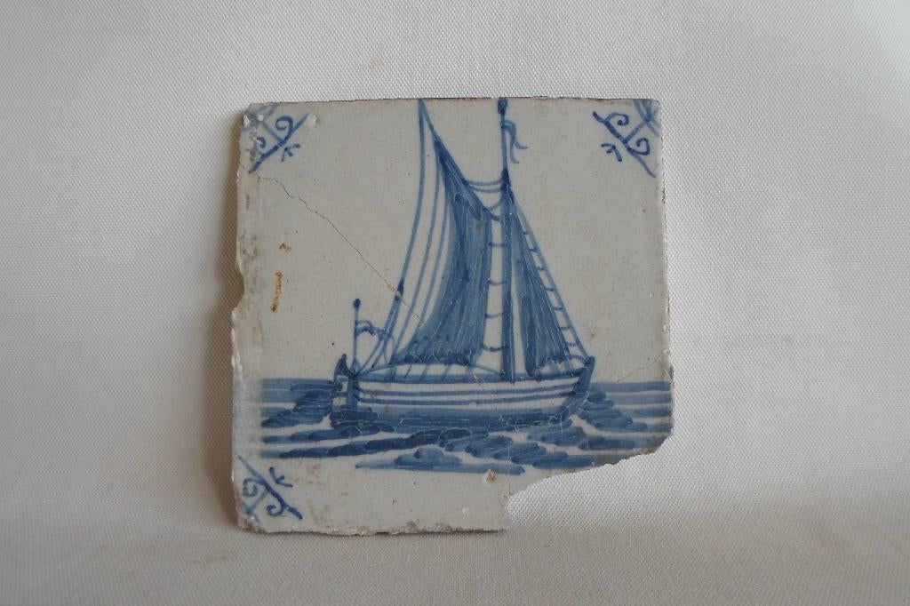 Antieke Tegel Schip Blauw Wit, Ophalen of Verzenden