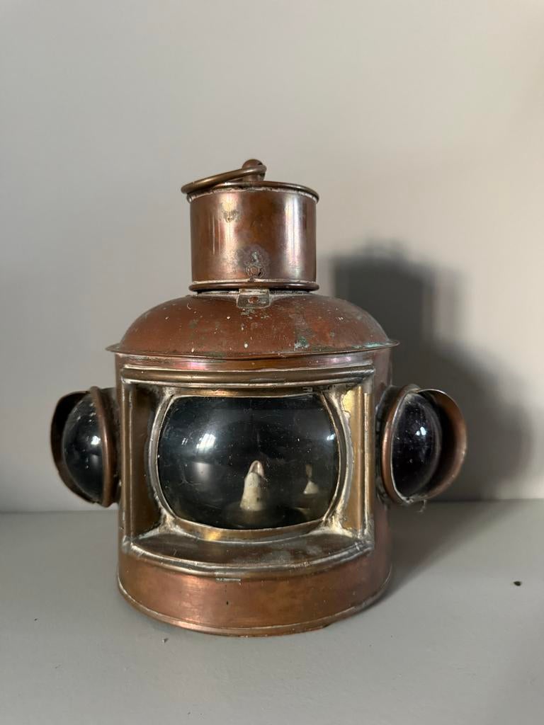 Unieke Antieke Koperen Scheepslamp Kustvisser - Glas Intact, Ophalen of Verzenden