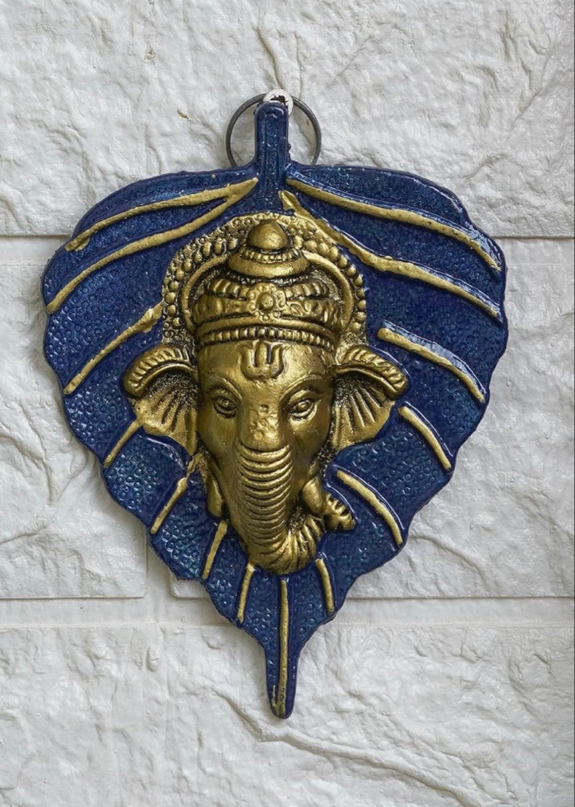 Ganesha wanddecoratie op blad - Blauw en goud, Metaal, Nieuw, 13 cm, Ophalen of Verzenden