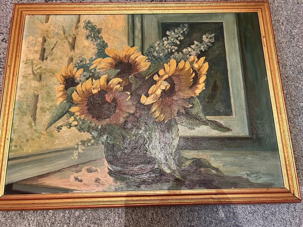 Schilderij Zonnebloemen in Vaas - Klassieke Stilleven, Antiek en Kunst, Kunst | Schilderijen | Klassiek, Ophalen of Verzenden