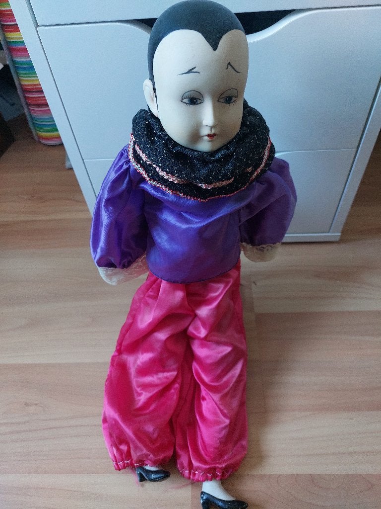 Vintage porseleinen Pierrot- of Harlekijnclownpop, Ophalen of Verzenden, Zo goed als nieuw, Pop