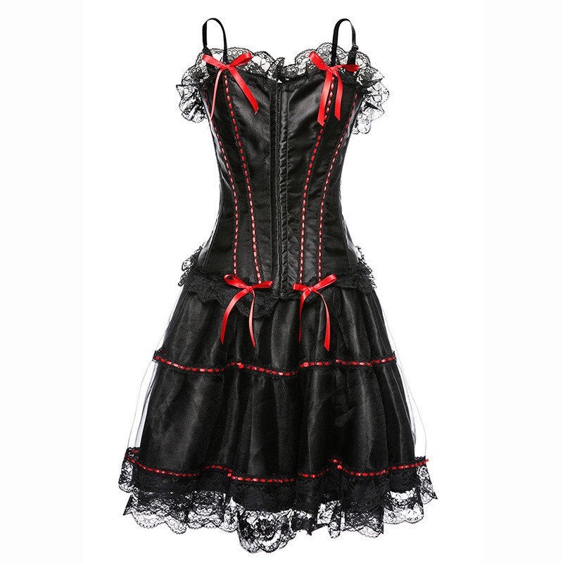 Zwart met rode linten victoriaanse korset jurk burlesque, Verzenden, Nieuw, Pak of Jurk