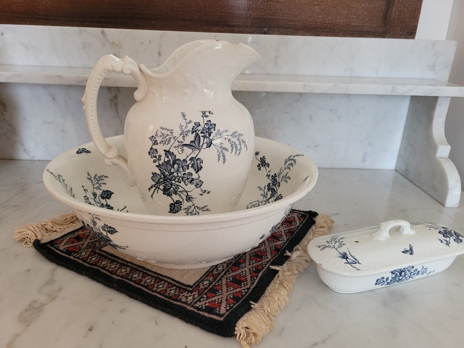Antieke waskom en kan set met zeepbakje - Blauw bloemmotief, Ophalen of Verzenden