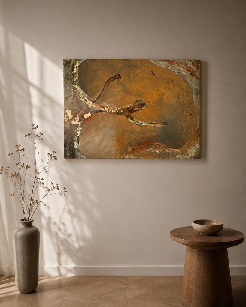 Abstract schilderij aardetinten met bladgoud | 55x75 cm, Ophalen of Verzenden