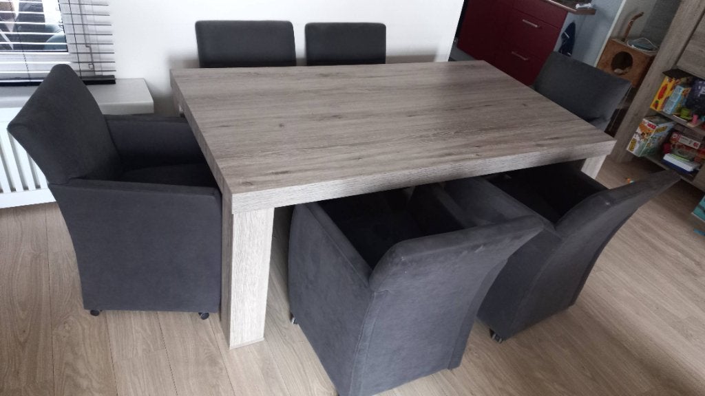 Eettafel met 6 stolen, Ophalen, Gebruikt, 100 tot 150 cm, Vijf personen of meer