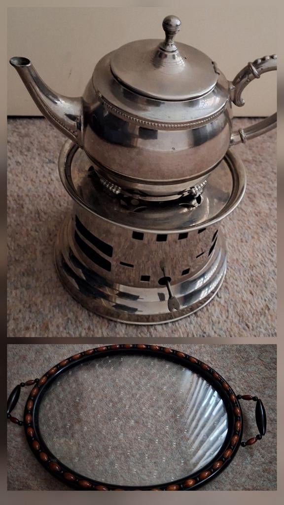 Verzilverde Theepot met Theelicht en Dienblad, Antiek en Kunst, Ophalen of Verzenden