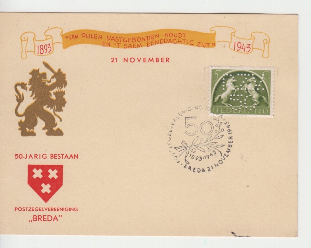 A021 briefkaart 1943 met PERFIN 50 jarig bestaan PZV Breda, Ophalen of Verzenden