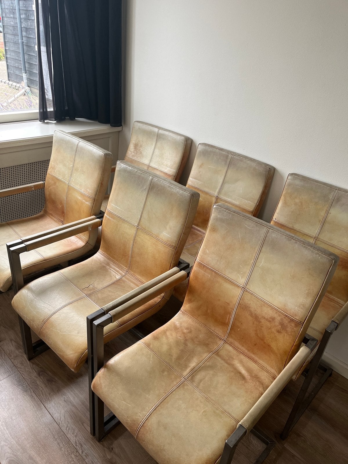 Set van 6 leren eetkamerstoelen met metalen frame, Ophalen, Gebruikt, Bruin, Leer