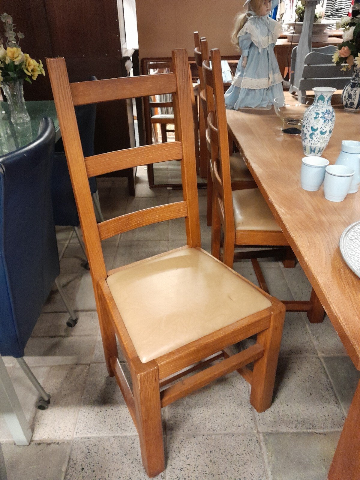 6 stevige eiken stoelen met beige zitting, Ophalen, Gebruikt, Hout, Klassiek