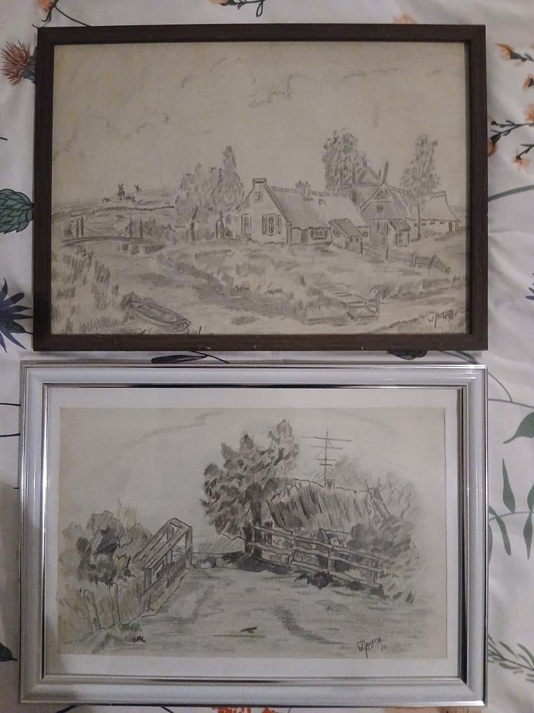 2 hele oude tekeningen van Wim Jansen vanuit de Graafstroom., Antiek en Kunst, Kunst | Tekeningen en Foto's, Ophalen of Verzenden
