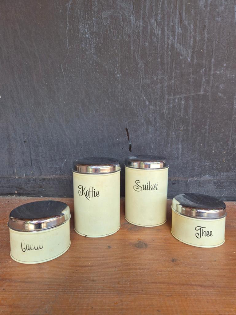 Vintage voorraadblikken: Koffie, Suiker, Thee, Cacao, Ophalen