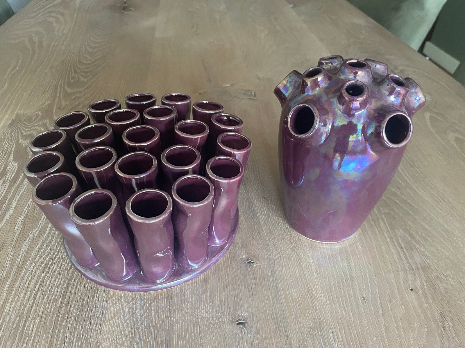 Unieke paarse tulpenvaas en bloemenring, Antiek en Kunst, Antiek | Vazen, Ophalen of Verzenden
