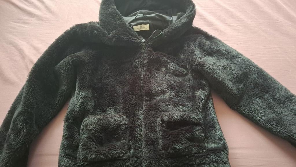 Zwarte teddy jas H&M maat 158/164, Meisje, H&M, Ophalen of Verzenden, Zo goed als nieuw