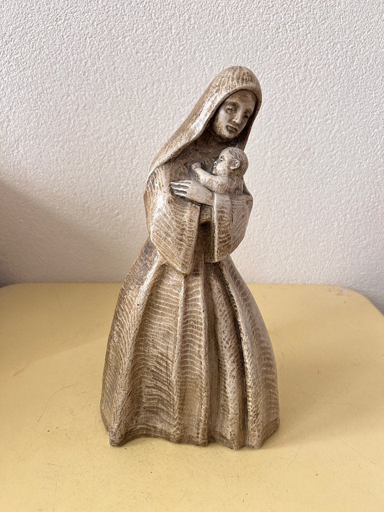 Art Deco Mariabeeld met Kind – Vintage Gipsen Madonna, Antiek en Kunst, Ophalen of Verzenden