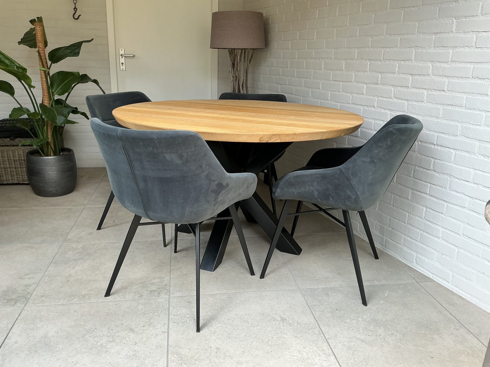 Eethoek massief eiken met 4 velourse stoelen, Ophalen, Zo goed als nieuw, 4 tot 6 stoelen