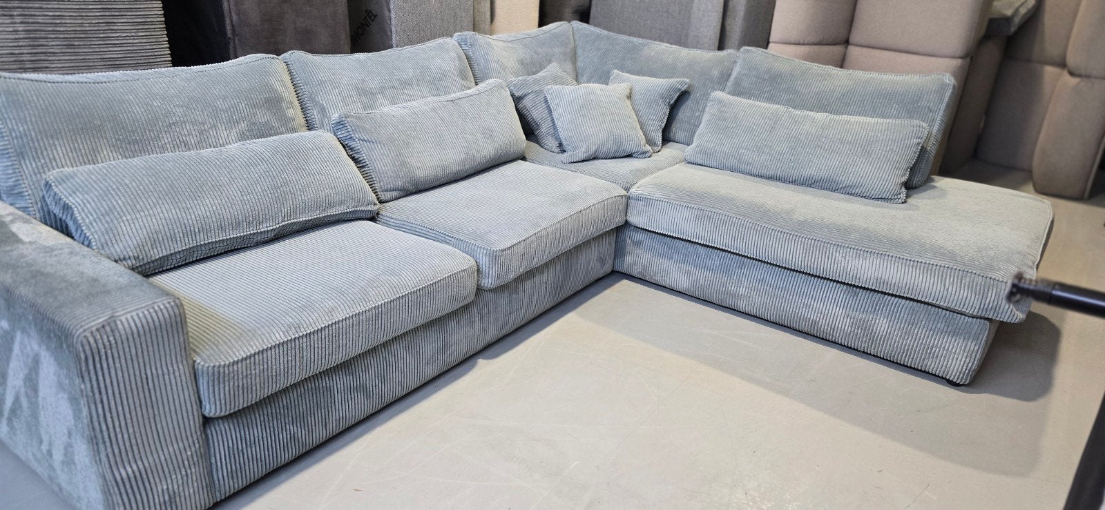 XXL Hoekbank Ribstof Blauw/Grijze Kleur - Professioneel Gere, Huis en Inrichting, Modern, Comfortabel, Gebruikt, 100 tot 125 cm