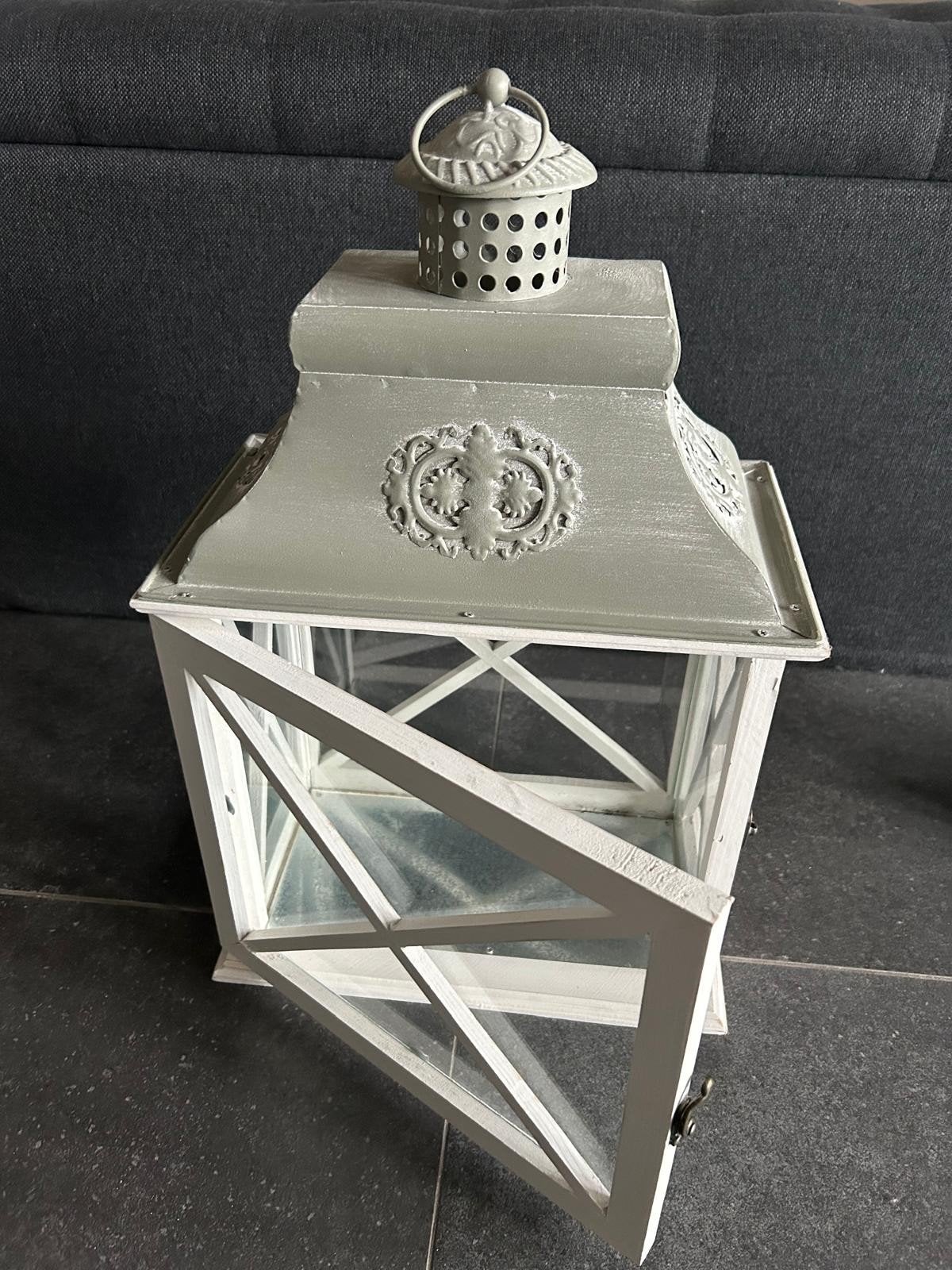 Decoratieve Lantaarn Wit/Grijs - Landelijke Stijl, Huis en Inrichting, Ophalen, Hout, Wit, Landelijk