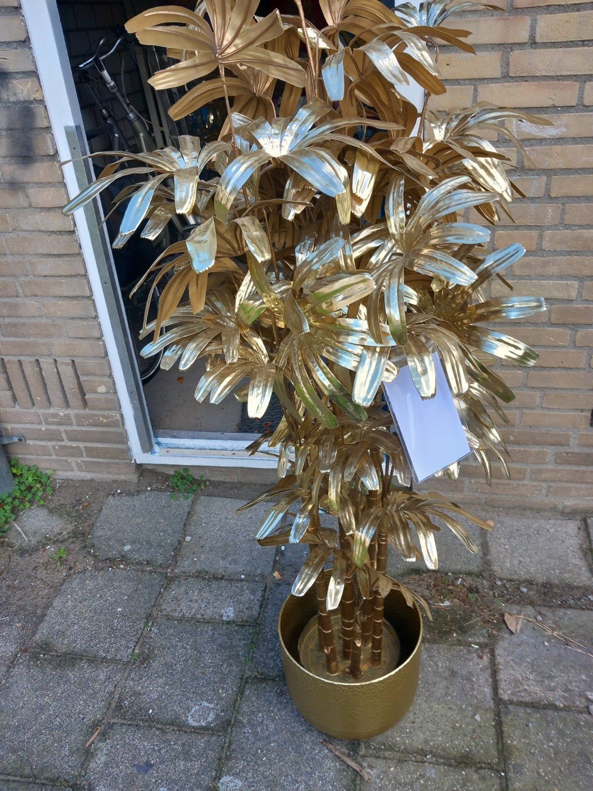 2 Prachtige Gouden Kunstpalmen met Bloempotten - 1.50m Hoog, Ophalen of Verzenden, Zo goed als nieuw, Goud, Kunststof