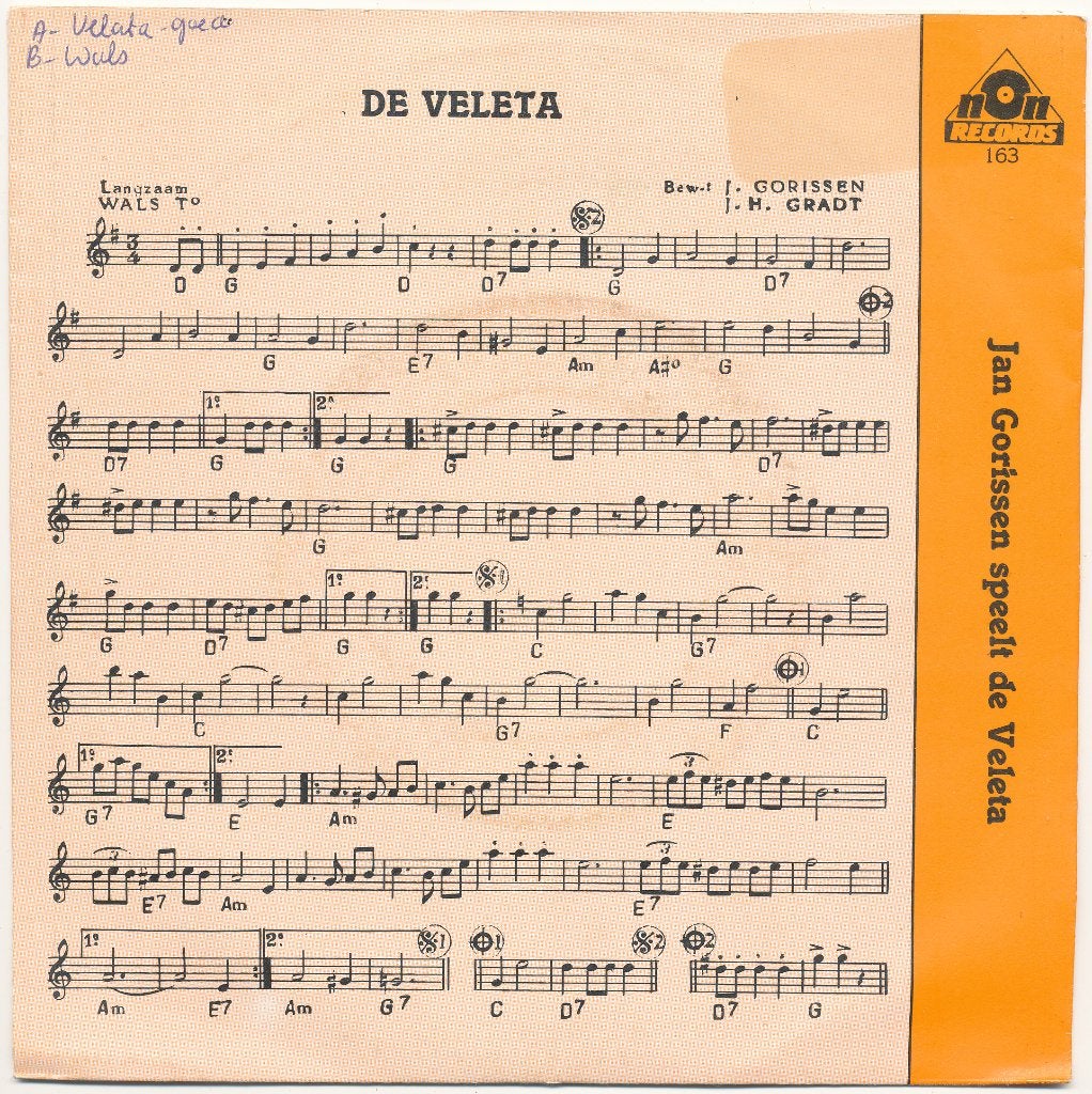 Jan Gorissen - De Veleta / Spaanse wals - NON 163, Cd's en Dvd's, Vinyl Singles, Ophalen of Verzenden, Gebruikt, 7 inch, Pop