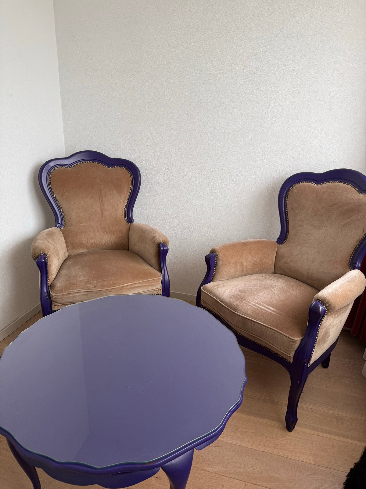 Queen Ann Set van 2 fauteuils en salontafel - Paars en Beige, Ophalen, Gebruikt, Twee, Overige kleuren