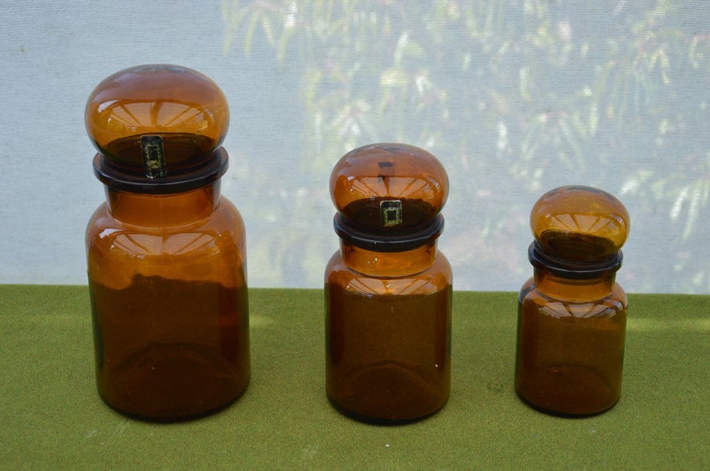 3 Vintage Apothekerspotten in 3 maten bruin/ amber glas 22cm, Antiek en Kunst, Curiosa en Brocante, Ophalen of Verzenden