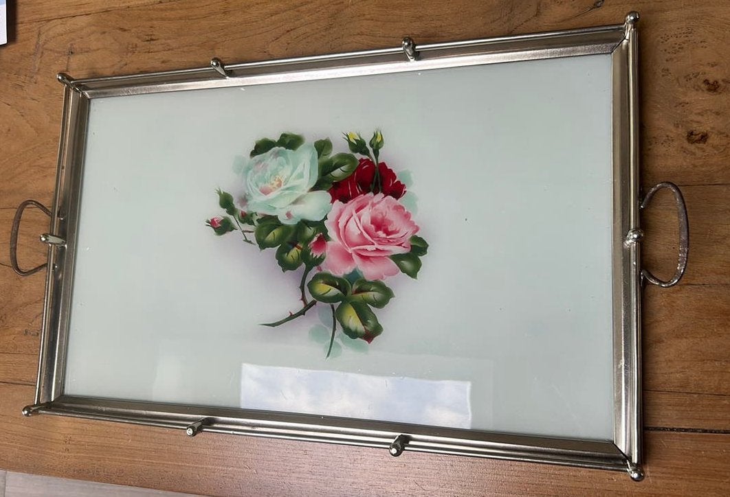 Dienblad van glas met rozen, Ophalen of Verzenden