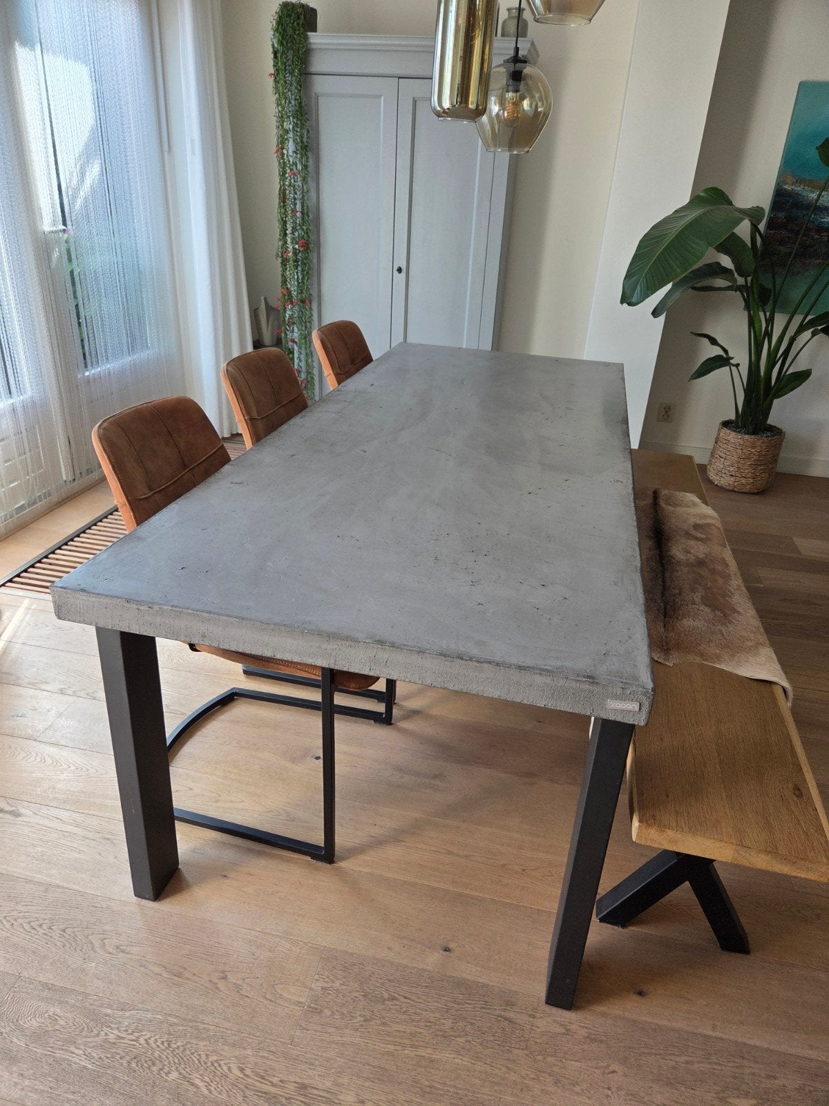 XOOON eetkamertafel betonnen blad metalen poten 90x220 tafel, Gebruikt, Overige materialen, Industrieel, Modern, 150 tot 200 cm