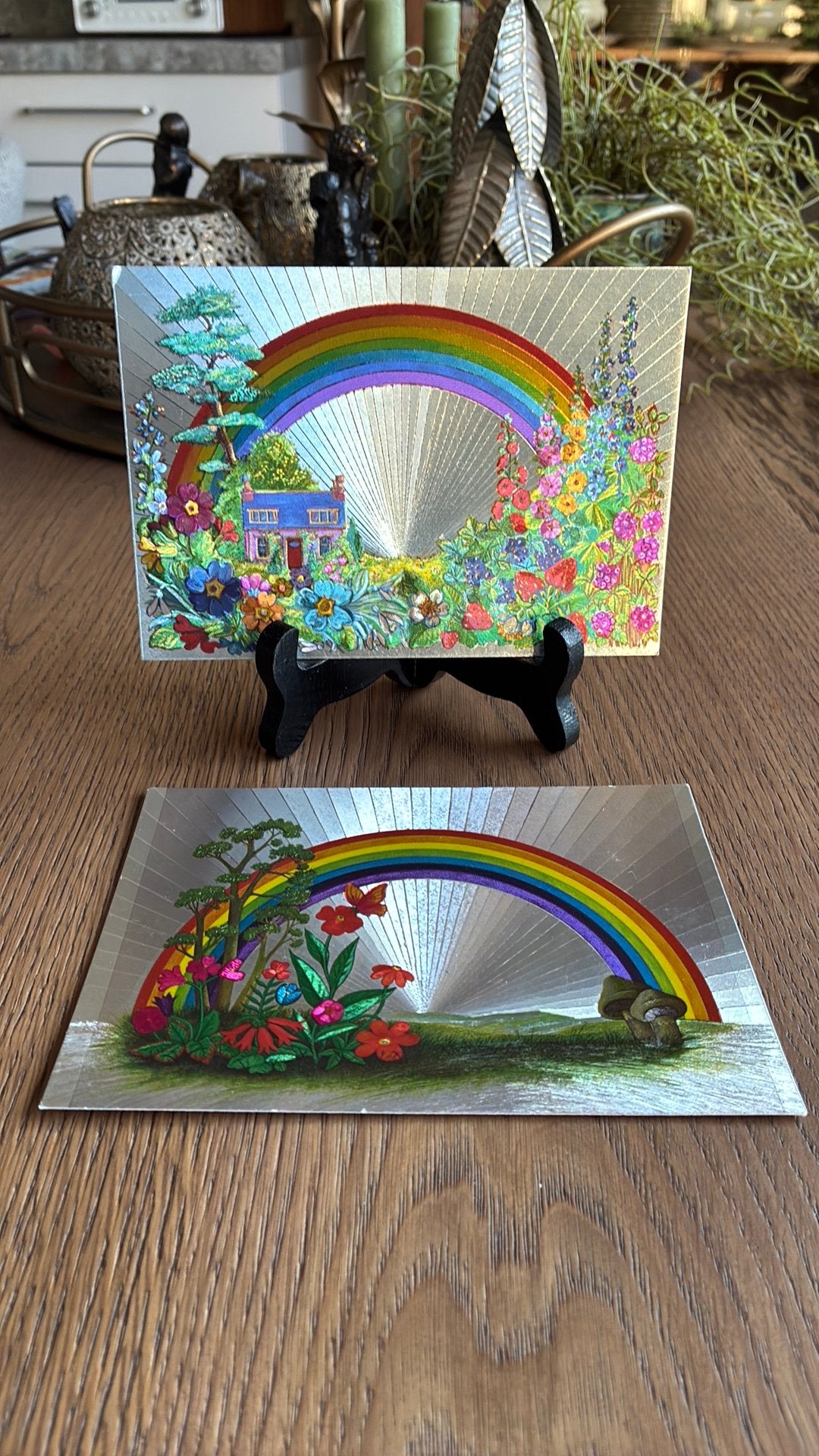 2 mooie zilverkleurige kaarten.Regenboog, bloemrn, vlinder, Ophalen of Verzenden, 1980 tot heden, Ongelopen