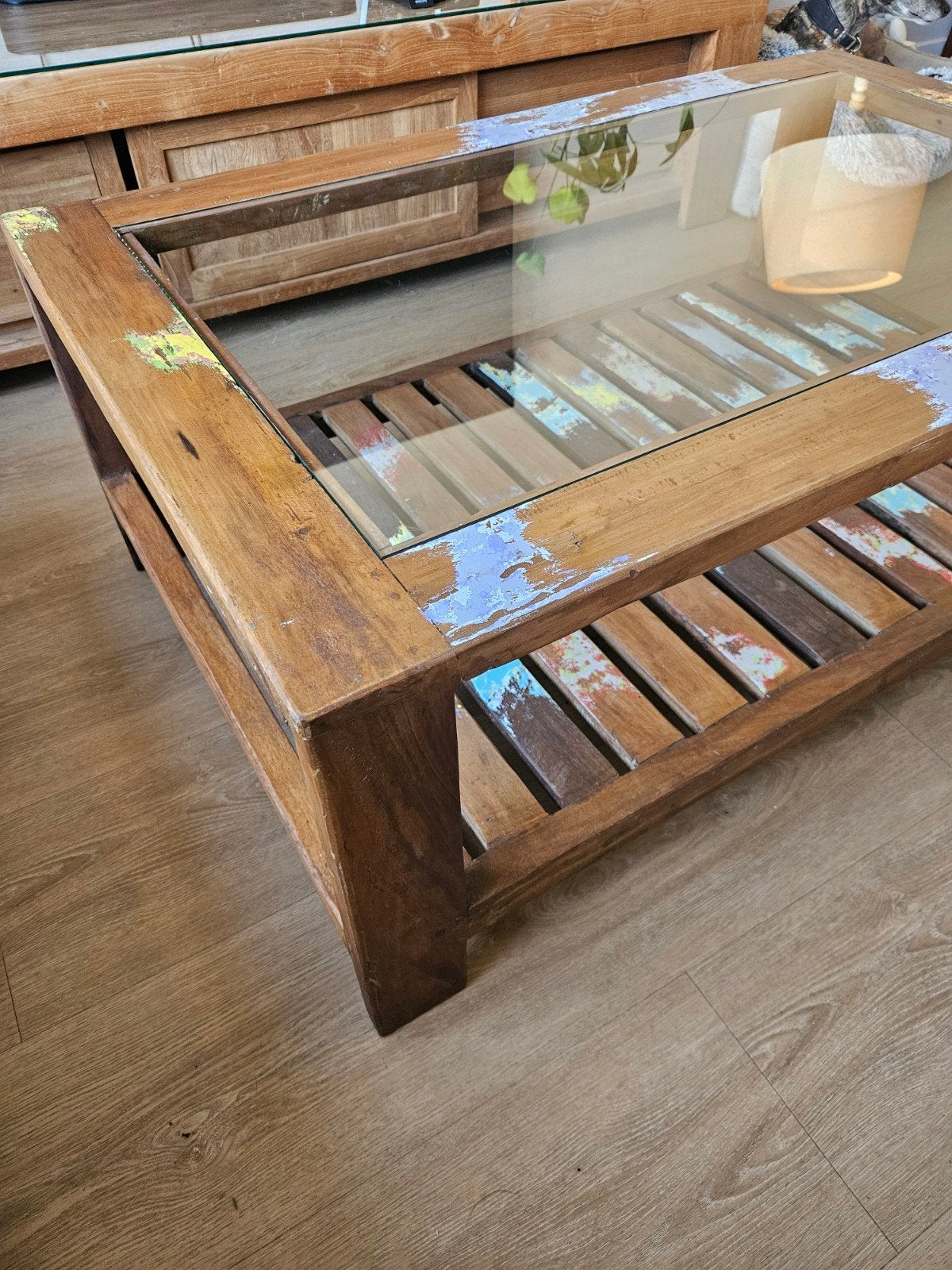 Salontafel vissersbotenhout met glasplaat, Ophalen, Industrieel, Bohemian, Gerecycled, 100 tot 150 cm, Overige houtsoorten