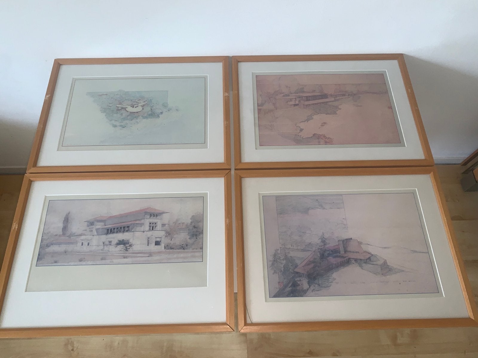 Set van 4 architecturale prenten Frank Lloyd Wright, Antiek en Kunst, Ophalen of Verzenden, Print, Prent, Achter glas
