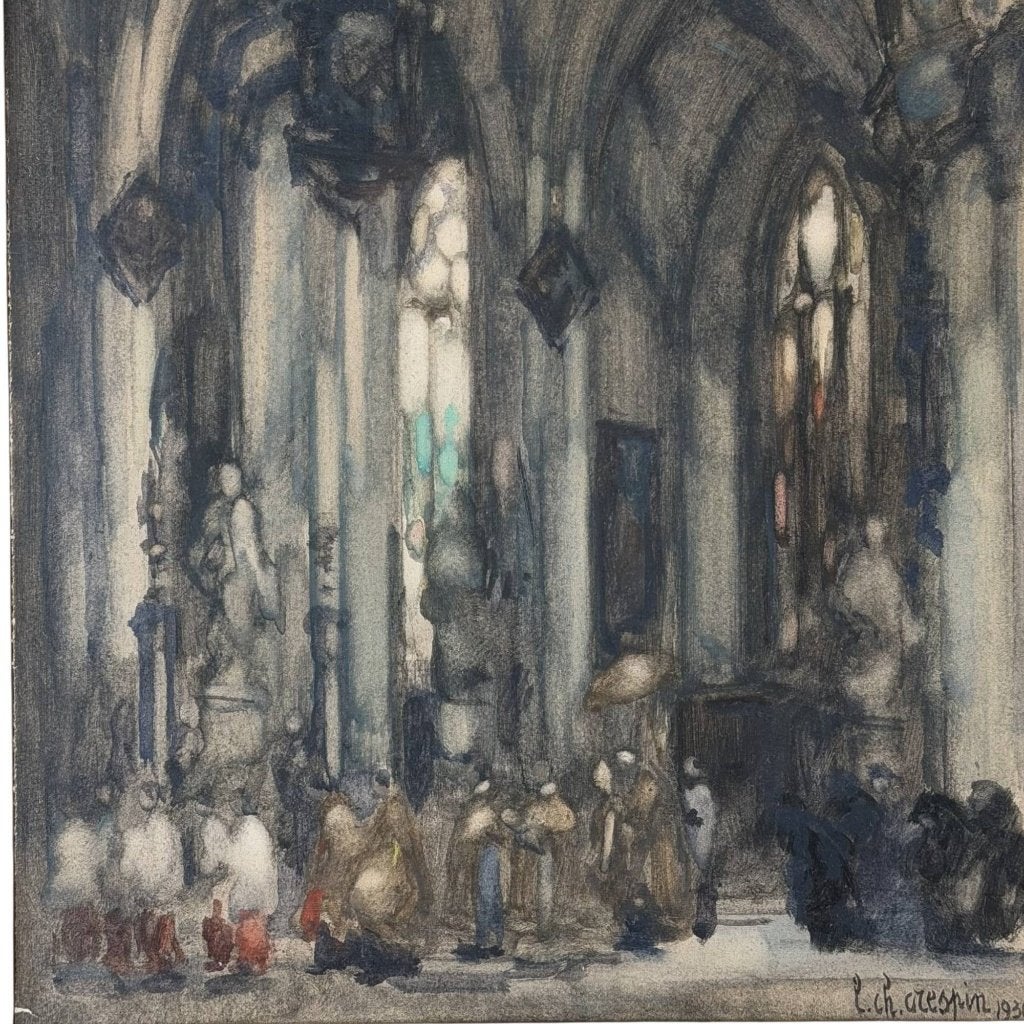 54 x 43 cm Antiek Kerkinterieur – Crespin, Ophalen of Verzenden, Schilderij, 53 cm, Papier/karton