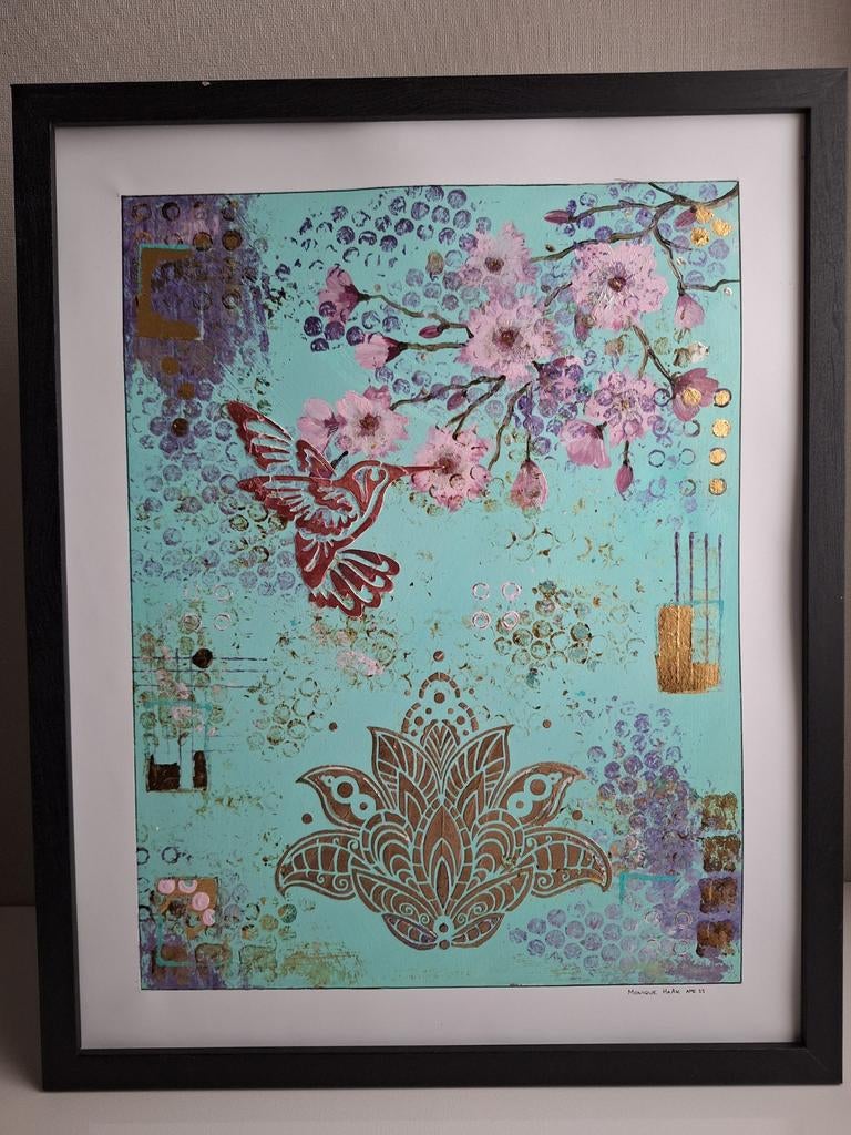 Mixed media kunstwerk Kolibrie & Bloesem 40x50cm ingelijst, Ophalen of Verzenden