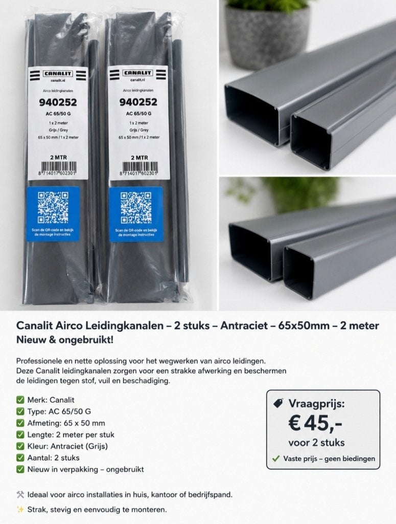2x Canalit Leidingkanaal 65x50 mm 2 meter Antraciet Nieuw!!, Witgoed en Apparatuur, Airco's, Ophalen, Minder dan 60 m³, Nieuw