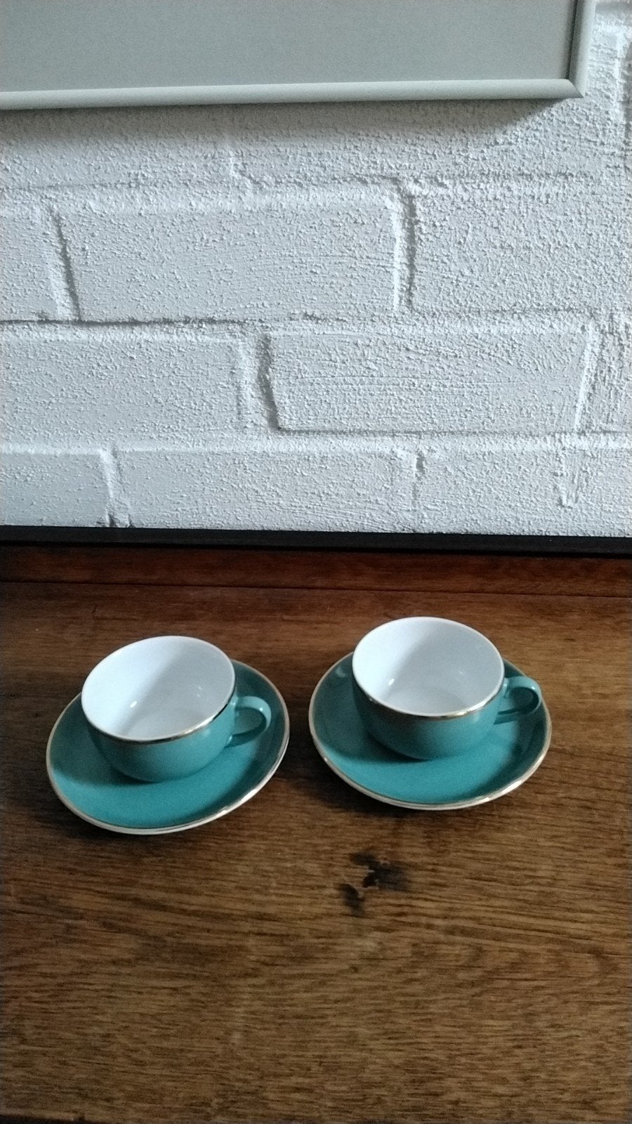 Vintage 2 Cappuccino kopjes DE Mitterteich Bavaria tealgroen, Antiek en Kunst, Ophalen of Verzenden