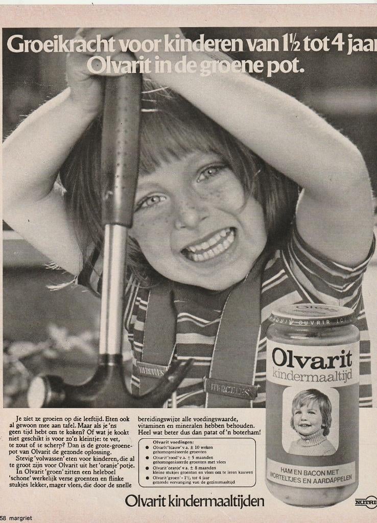 Retro reclame 1975 Nutricia Olvarit jongetje met hamer, Verzamelen, Verzenden, Overige typen