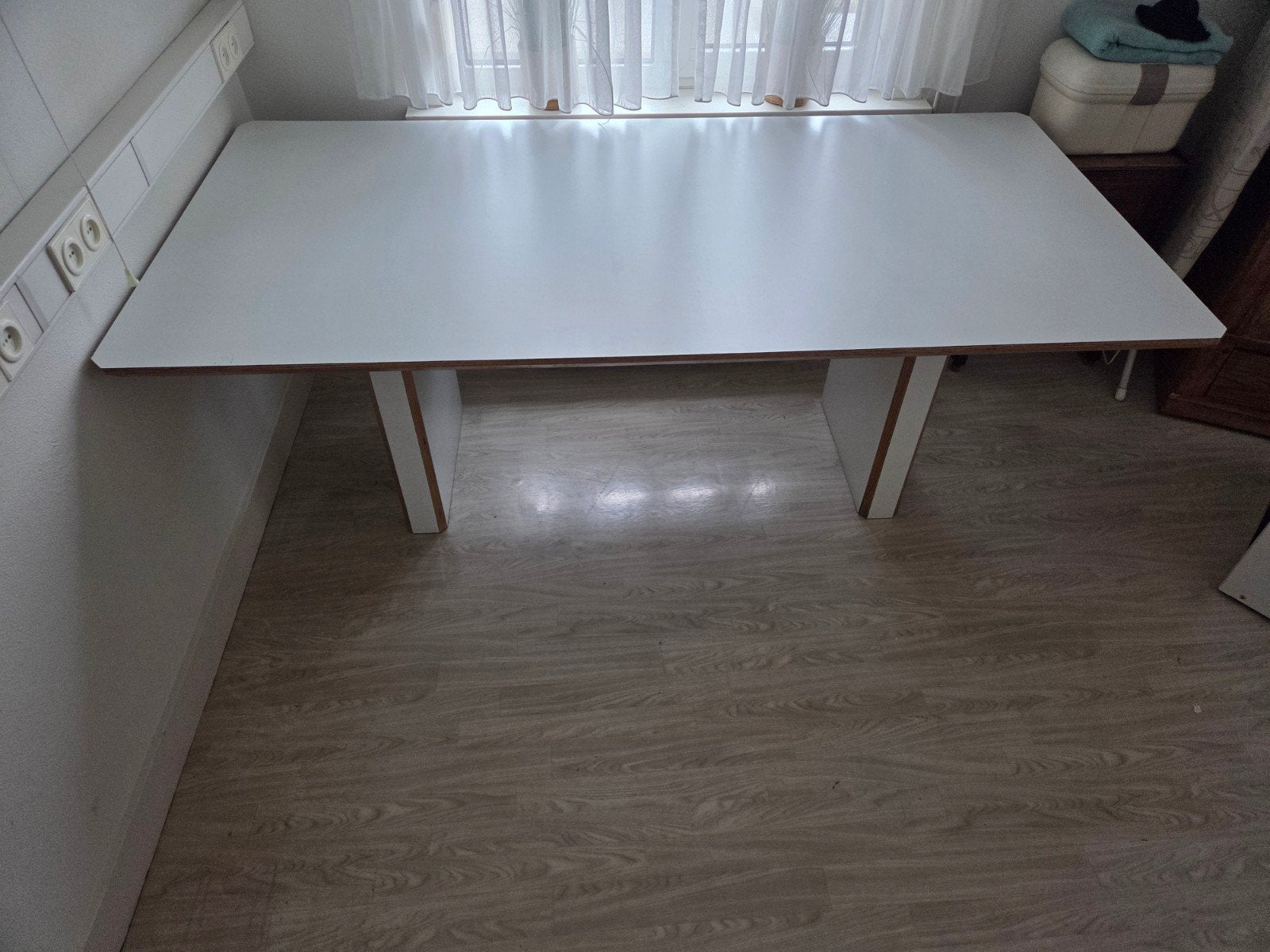 Stevige witte eettafel 100x200 cm met beuken facetrand, Ophalen, Gebruikt, 100 tot 150 cm, Vijf personen of meer
